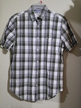 Lacoste Olive & White Plaid Short Sleeve Button-Down Shirt Used Size S